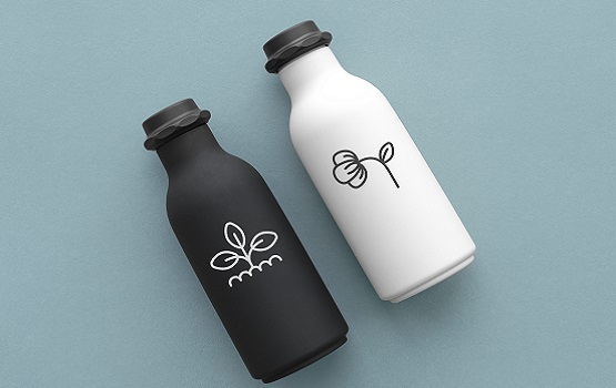 Reusable water bottles with minimal logo in black and white flat lay